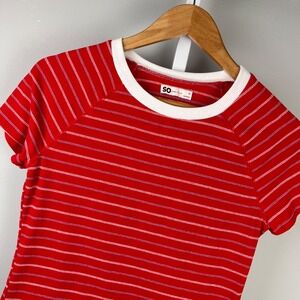 SO Goods for Life Baby Tee T-Shirt Womens M Red‎ Stripe Short Sleeve Ringer